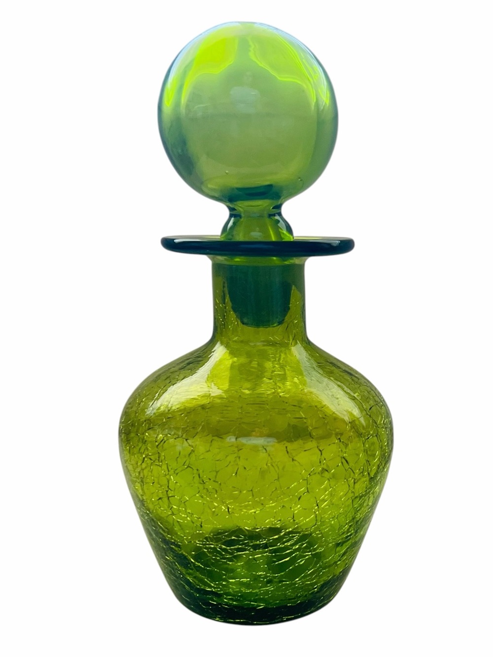 Vintage Blenko Green Crackle Glass Round Ball Stopper Decanter